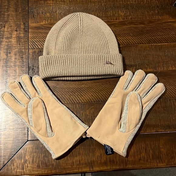 NEW❄️Tommy Bahama Merino Wool Blend Tan Hat Genuine Leather Gloves set S/M $120 - Picture 3 of 12